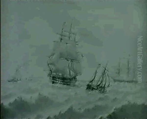 British Man O War, A Dutch Galliat And Other Sailing Vesselsin A Stiff Breeze (a Pair) Oil Painting by William Frederick Settle