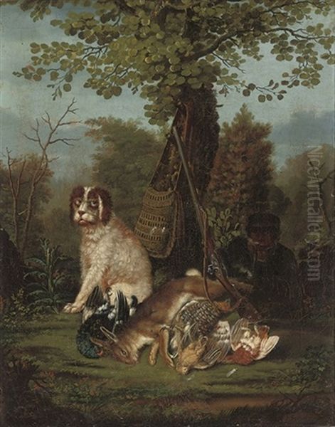 A Wooded Clearing With A Huntsman At Rest With His Hound And A Dead Hare, Woodcock And Other Birds Oil Painting by Johann Friedrich Seupel