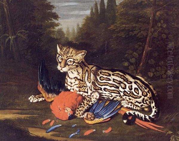 An Ocelot Watching Over A Dead Parrot Oil Painting by Johann Friedrich Seupel