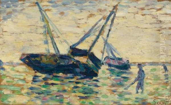 Trois Bateaux Et Un Marin (study For L'echouage A Grandcamp) Oil Painting by Georges Seurat