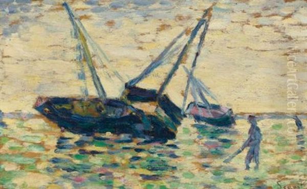 Trois Bateaux Et Un Marin (study For L'echouage A Grandcamp) Oil Painting by Georges Seurat