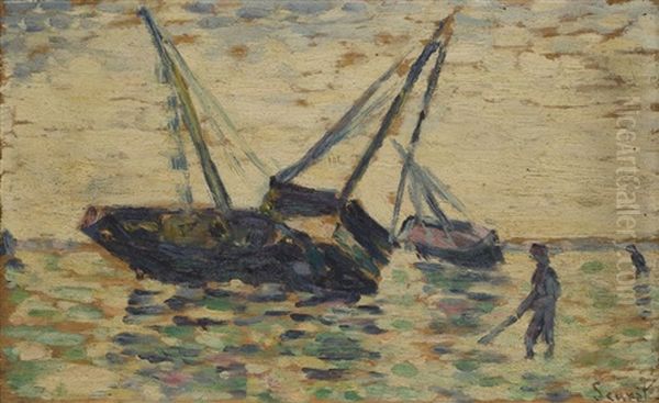 Trois Bateaux Et Un Marin (study For L'echouage A Grandcamp) Oil Painting by Georges Seurat