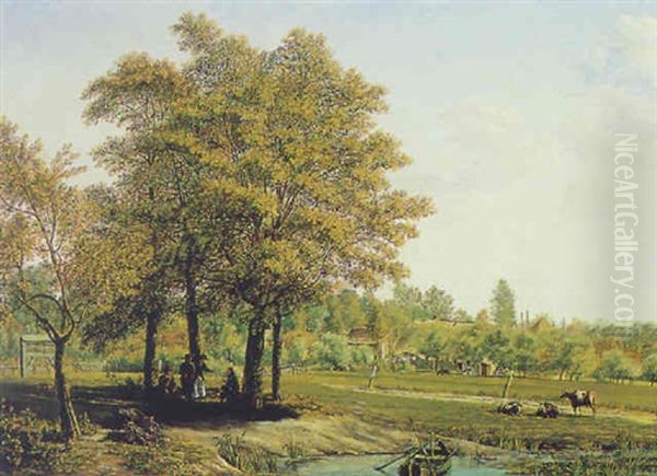 Figures And Cattle In A Yard Oil Painting by Jhr Jacob C. Martens v. Sevenhoven