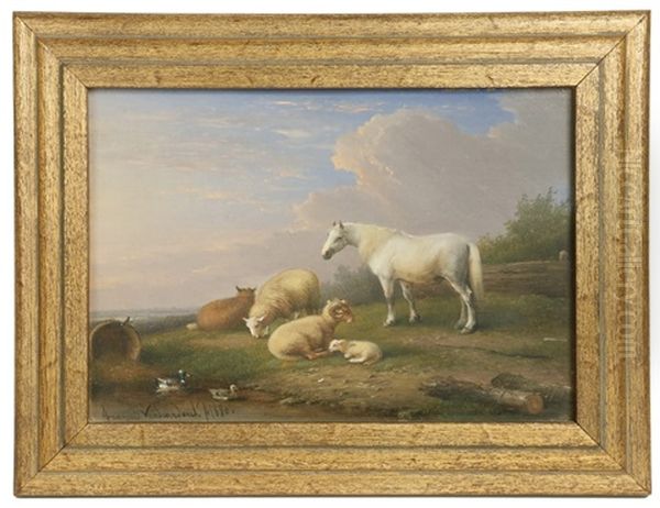 Sheep And White Horse At Pond With Mallard Ducks Oil Painting by Franz van Severdonck