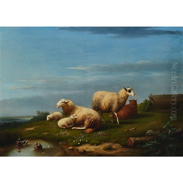 Moutons Paysage (sheep In A Landscape With Ducks), 1869 Oil Painting by Franz van Severdonck