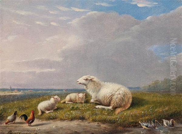 Ewe And Lambs In A Meadow Oil Painting by Franz van Severdonck