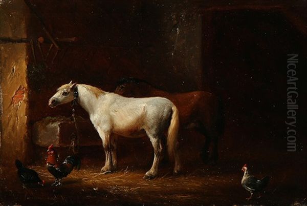 Stable Interior With Horses And Hens Oil Painting by Franz van Severdonck