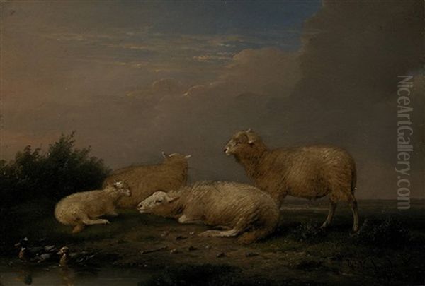 Scene With Three Sheep, A Lamb And Two Ducks Oil Painting by Franz van Severdonck