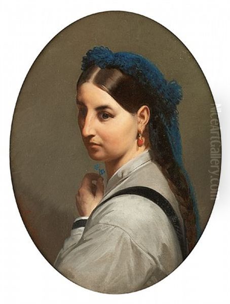 Jeune Femme A La Coiffe Bleue Oil Painting by Joseph Van Severdonck