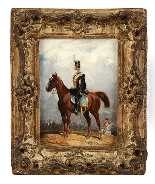 Officier De Hussards A Cheval Oil Painting by Joseph Van Severdonck