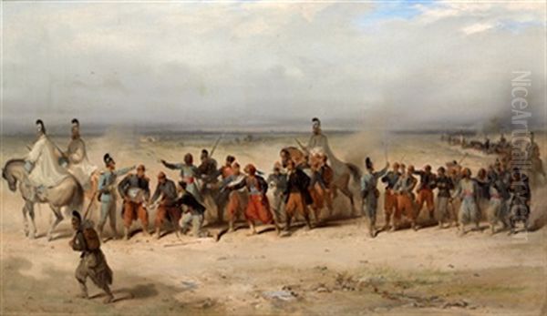 Szene Aus Dem Deutsch-franzosischen Krieg 1870/71. Bayrische Kurassiere Fuhren Eine Lange Kolonne Franzosischer Gefangener Ab, Darunter Franz. Turkos Und Zuaven Oil Painting by Joseph Van Severdonck