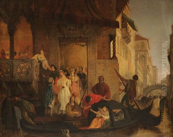 Trois Scenes D`amour A La Sortie De La Ca D`oro A Venise (d`apres Le Marchand De Venise De Shakespeare?) Oil Painting by Joseph Severn