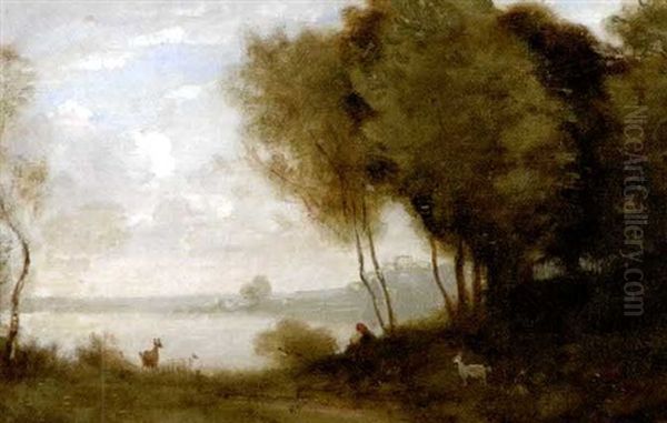 Seelandschaft Mit Hirtin Und Ziegen Oil Painting by Jules Marie Sevestre