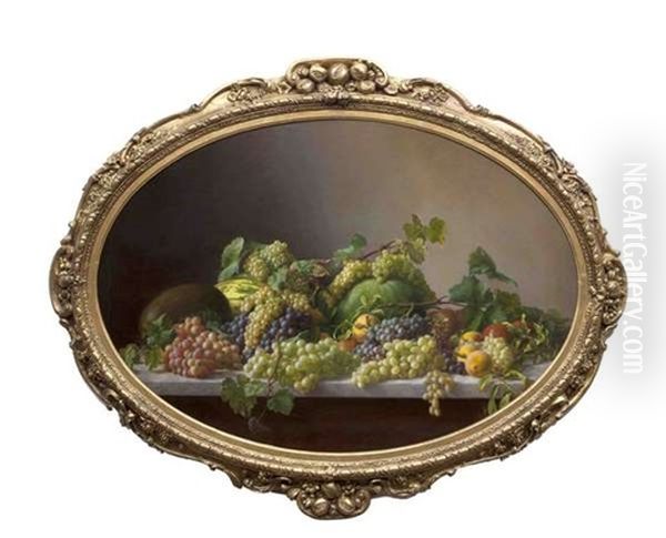 Still Life Of Fruit, Grapes, Melons And Peaches On A Marble Ledge Oil Painting by Luis Sevil