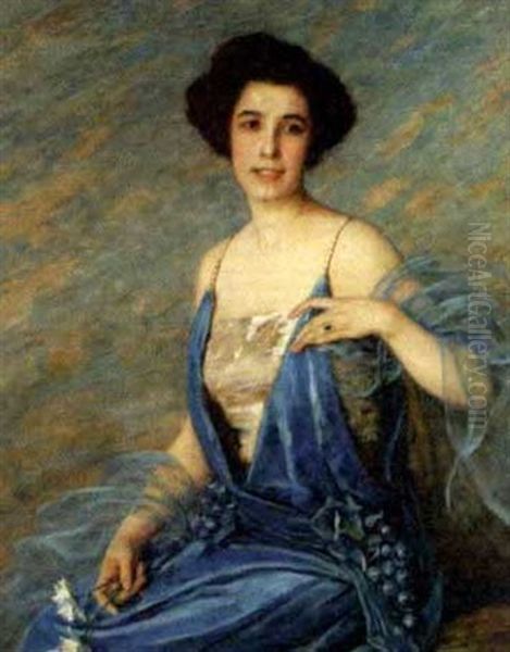 Woman In A Blue Dress Oil Painting by Lydia Amanda Brewster Sewell