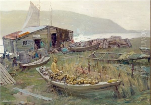 Fish Market, Monhegan With A View Toward Manana Oil Painting by Robert Van Vorst Sewell