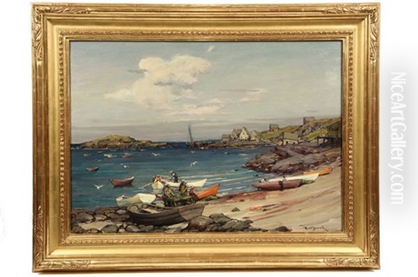 Lobstermen Working Harbor Beach, Monhegan Island, Maine Oil Painting by Robert Van Vorst Sewell