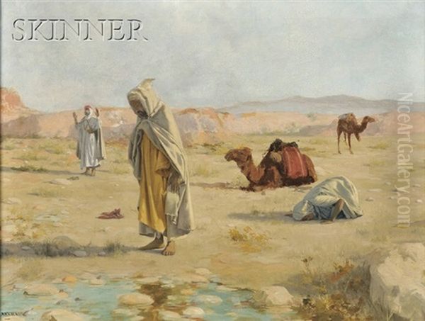 Grateful Homage (desert Landscape With Figures In Islamic Prayer) Oil Painting by Robert Van Vorst Sewell