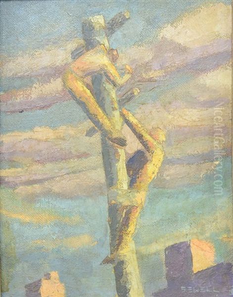 Two Men Working On A Telephone Pole Oil Painting by William J. Sewell