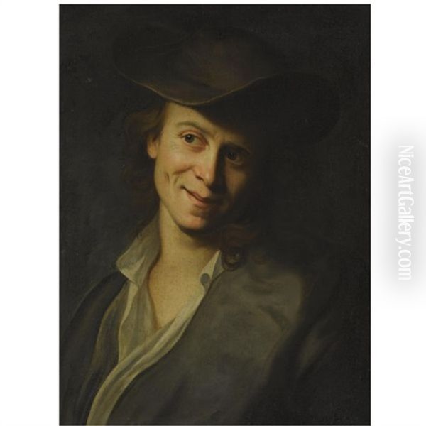 Portrait Of A Boy With Long Hair, Half-length, Wearing A Brown Hat Oil Painting by Christian Seybold