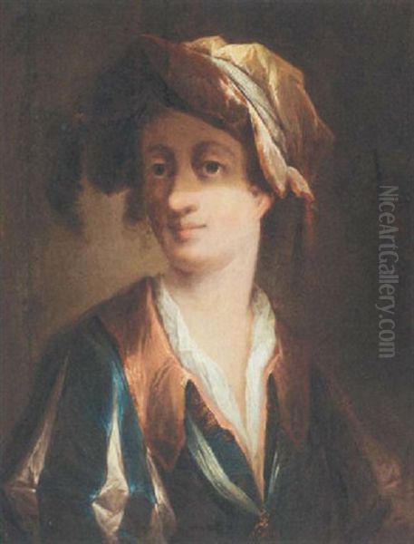 Portrait Of A Gentleman Wearing A Blue Jacket With Slashed Sleeves And A Pink Collar And An Elaborate Feathered Hat Oil Painting by Christian Seybold