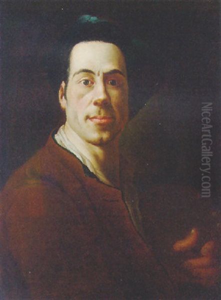 Portrait Of The Artist In A Brown Jacket And A Blue Cap, Holding A Palette Oil Painting by Christian Seybold