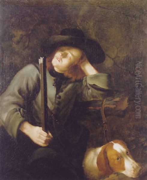 A Huntsman Sleeping Beside His Dog Oil Painting by Christian Seybold