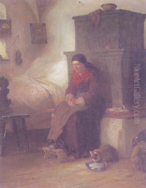 Grosmutter Auf Der Kachelofenbank, Zu Ihren Fusen Eine Kleine Katze Oil Painting by George von Seybold