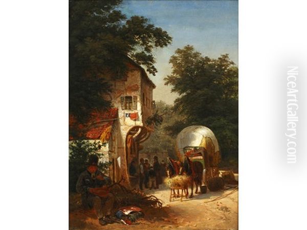 Travellers And A Haycart Outside An Inn Oil Painting by Eduard Gustav Seydel