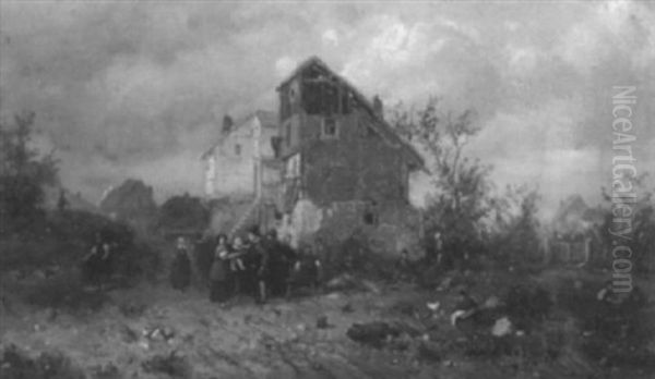 Bauerliche Szene In Dorflandschaft Oil Painting by Eduard Gustav Seydel