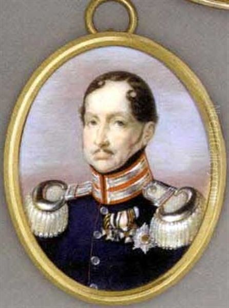 Frederick William Iii, King Of Prussia, In Dark Blue Coat With Red Piping, Silver-embroidered Red Collar And Silver Epaulettes, Black Stock, Wearing Badges ... Oil Painting by Abel Heinrich Seyffert