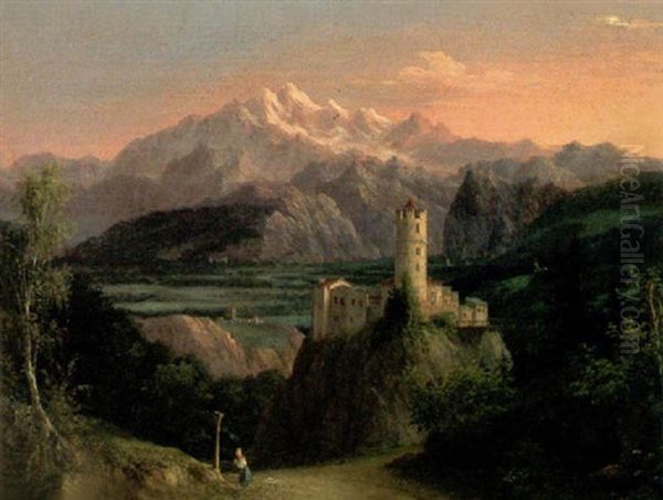 Castle Within A Mountainous Landscape Oil Painting by Wenzel Seykora