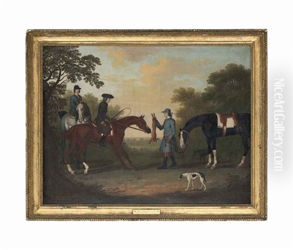 A Gentleman And Lady On Their Hunters, With A Groom Holding A Hare, With Two Greyhounds And A Hunter, In A Wooded Landscape by James Seymour