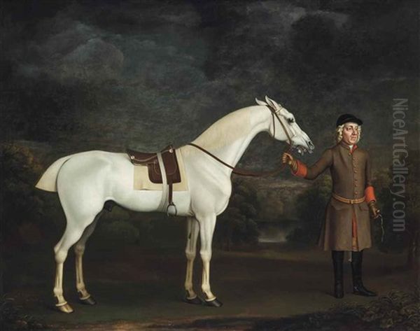 A Saddled Grey Thoroughbred Racehorse Being Held By A Groom Oil Painting by James Seymour