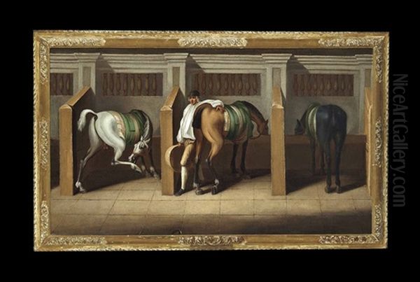 A Groom And Three Racehorses In A Stable Oil Painting by James Seymour