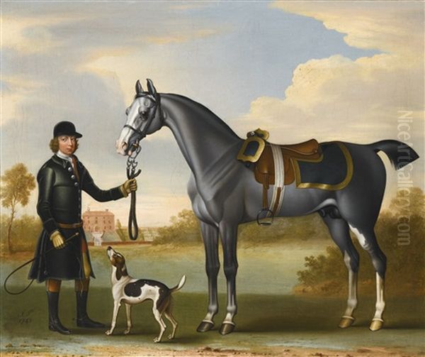 A Saddled Grey With A Liveried Groom Outside A Country House Oil Painting by James Seymour