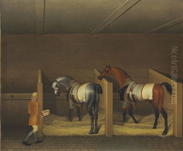 A Stable Interior, A Groom Bringing Oats To A Bay And A Grey Stallion Oil Painting by James Seymour