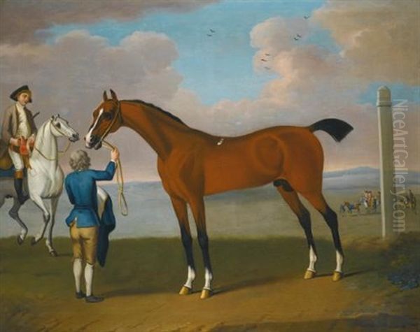 The Duke Of Devonshire's Celebrated Racehorse Flying Childers, Held By A Groom On Newmarket Heath Oil Painting by James Seymour