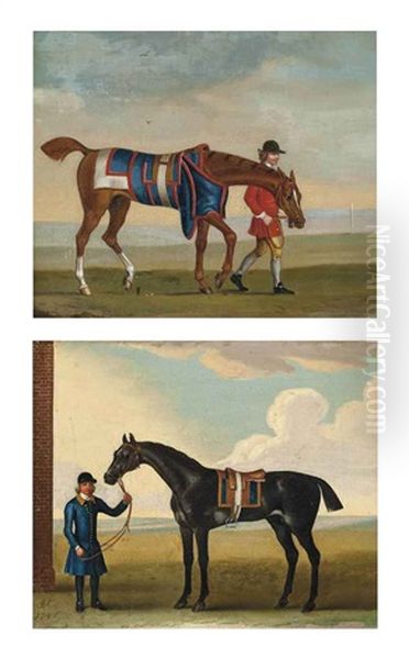 A Groom With A Grey Racehorse (+ A Groom With A Chestnut Racehorse; Pair) Oil Painting by James Seymour