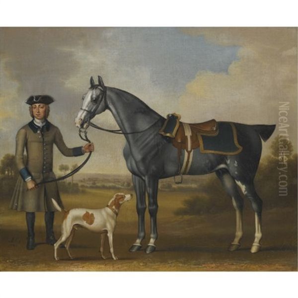 A Gray Hunter Held By A Groom With A Hound In A Landscape Oil Painting by James Seymour