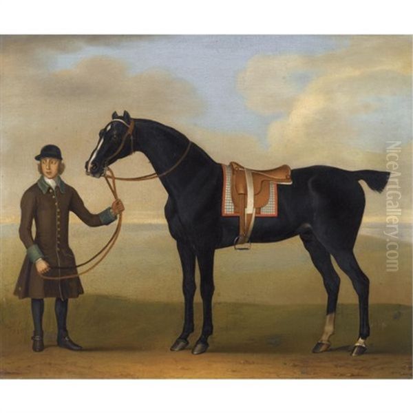 The Black Racehorse "molotto" Held By A Groom Oil Painting by James Seymour