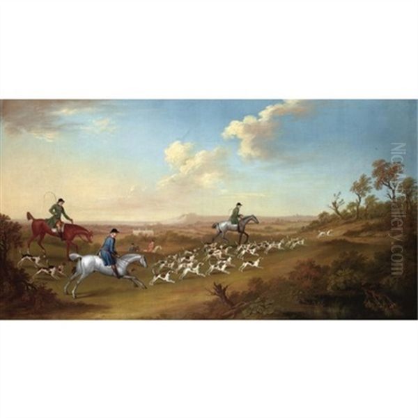 Sir William Jolliffe And His Huntsmen Following Hounds Towards A Covert, A Country House Beyond Oil Painting by James Seymour