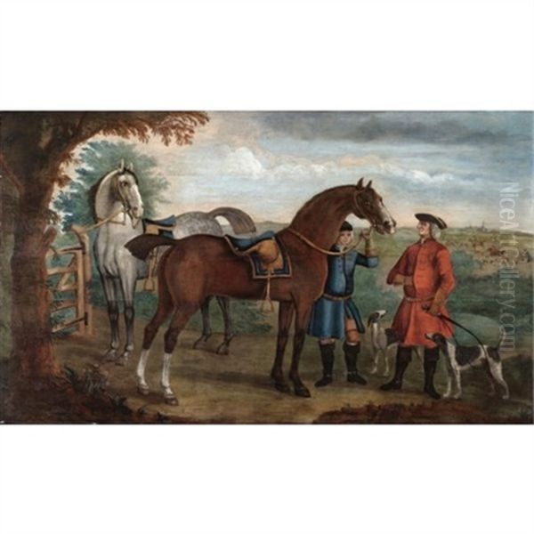 A Grey And A Chestnut Hunter Held By A Groom, A Huntsman With Two Hounds By His Side Oil Painting by James Seymour