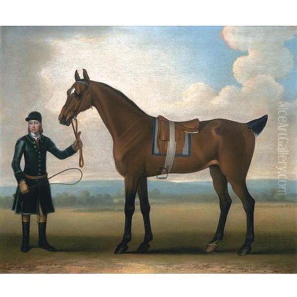 Diana, A Bay Racehorse, Held By A Groom Oil Painting by James Seymour