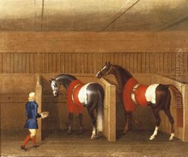 A Stable With Groom Tending Horses Oil Painting by James Seymour