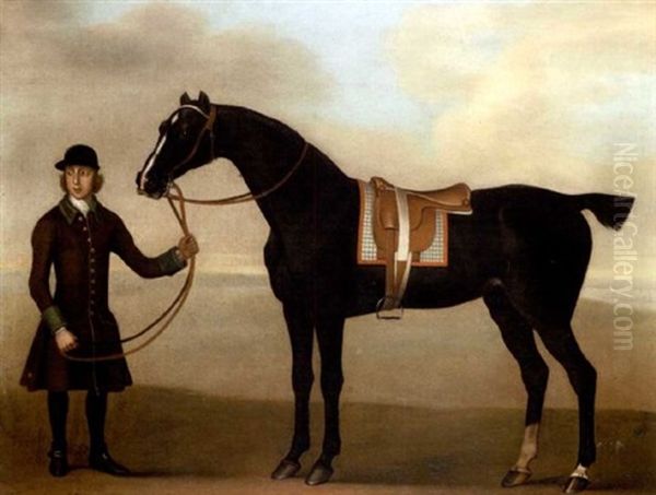 A Black Hunter Held By A Groom In A Landscape Oil Painting by James Seymour