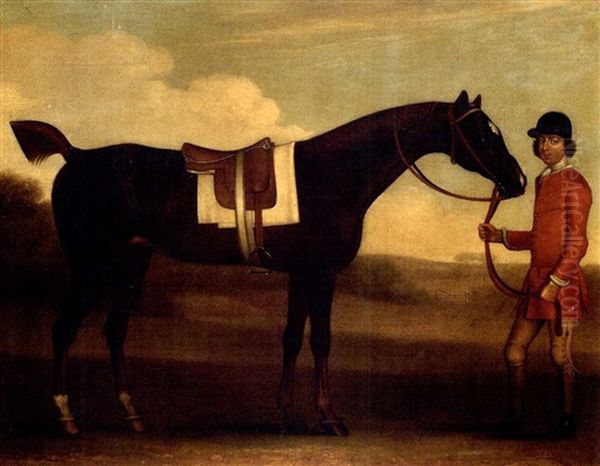 A Groom Holding A Liver Chestnut Hunter, In A Landscape Oil Painting by James Seymour