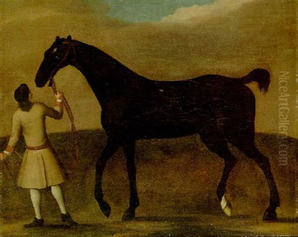 A Dark Bay Or Black Racehorse Held By A Groom Oil Painting by James Seymour