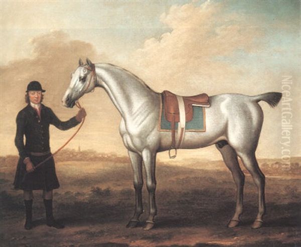 A Grey Racehorse Held By A Groom Oil Painting by James Seymour