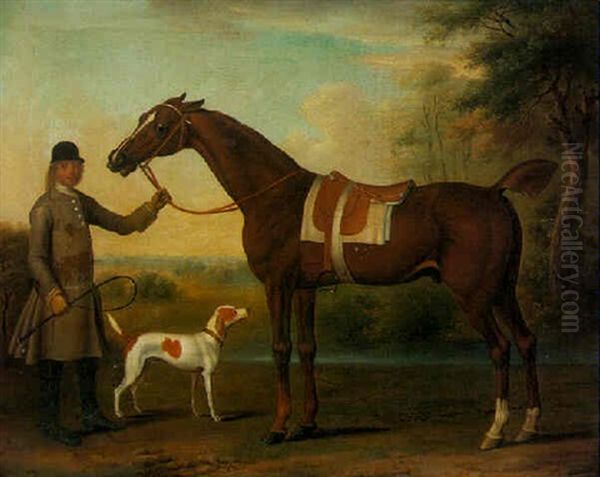 A Bay Hunter Held By A Groom With A Hound Oil Painting by James Seymour